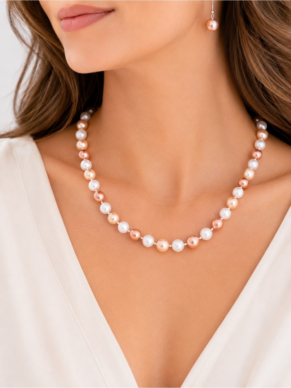 Boutique Genuine Mother of Pearl Peach White Necklace & Earring Set Bridal NWT